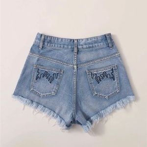 Fire Embroidery Pocket Raw Hem Denim Shorts
